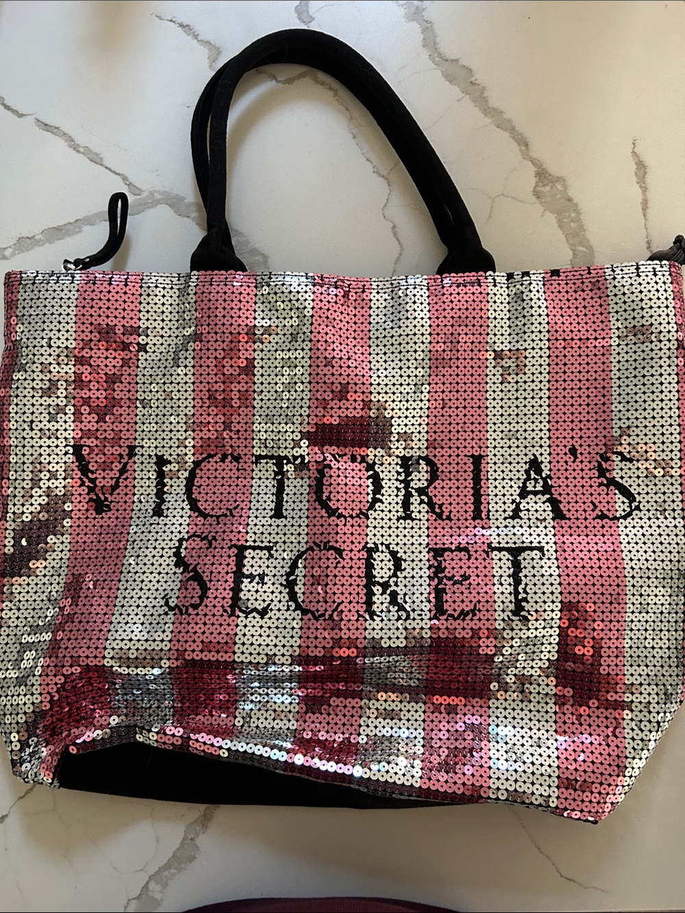 Victoria's Secret Pink and Silver Sequin Striped Tote